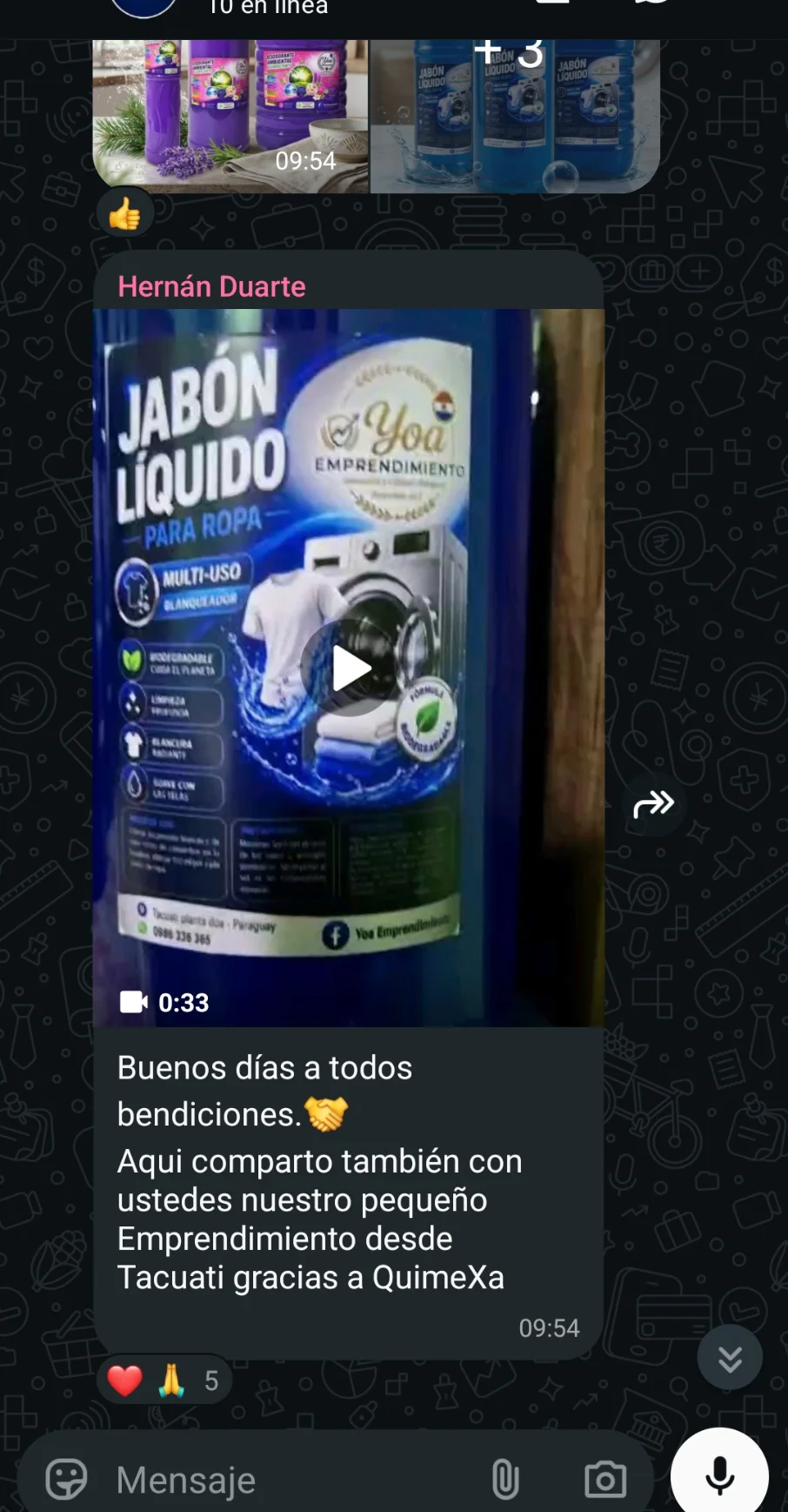 Mensaje de Hernán Duarte en el grupo de WhatsApp mostrando su bidón de jabón líquido