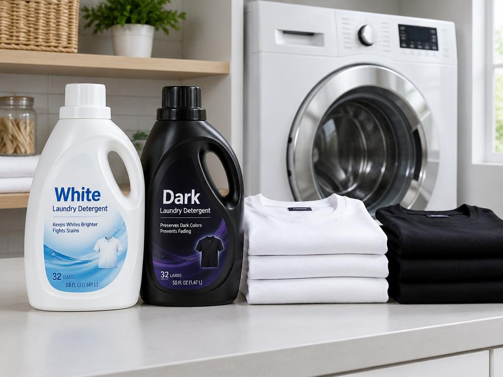 Detergentes para ropa blanca y oscura junto a una lavadora