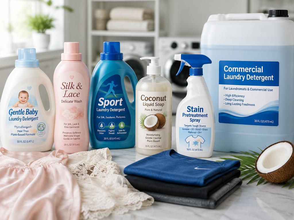 Detergentes para bebé, prendas delicadas, ropa deportiva y bidón comercial