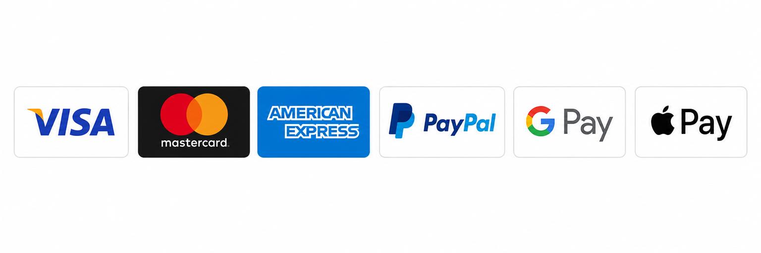Métodos de pago: Visa, Mastercard, American Express, PayPal, Google Pay y Apple Pay